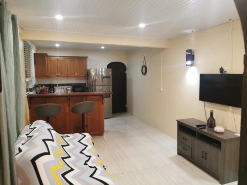 a living room with a kitchen with a bed in it at flamboyantvilla in Gros Islet