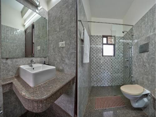 two pictures of a bathroom with a sink and a toilet at 4BHK Luxury Villa with Private Pool Near Candolim in Marmagao