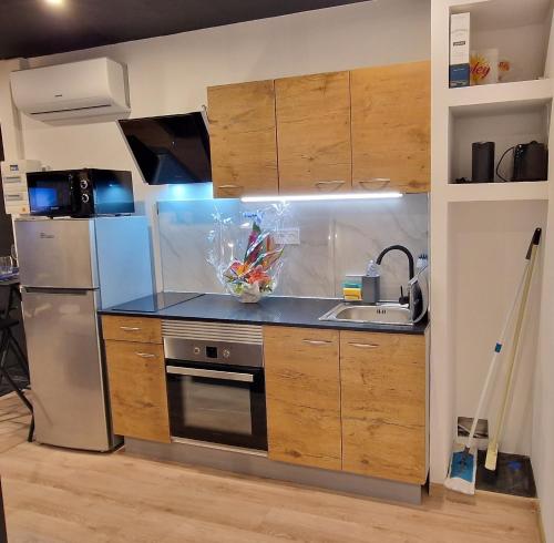 La cuisine est équipée d'armoires en bois et d'un réfrigérateur en acier inoxydable. dans l'établissement Le Barachois City, à Saint-Denis