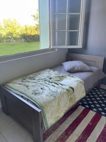 - un lit installé sous une fenêtre dans une chambre dans l'établissement Maison de vacances à bergerac, à Bergerac