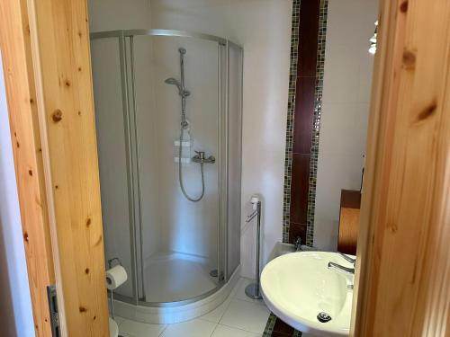 a bathroom with a shower and a sink at Enzian 13 - Sonnige von Bad Kleinkirchheim in Bad Kleinkirchheim