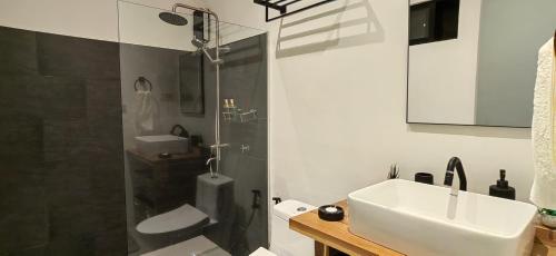 a bathroom with a sink and a glass shower at Calao Villa, Solar Villa 2 rooms with Private Pool in El Nido