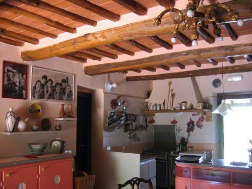ピティリアーノにあるAgriturismo Solidorの木製の天井とコンロ付きのキッチン