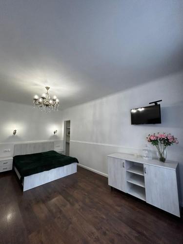 um quarto com uma cama e uma televisão na parede em Апартаменти в центрі біля Либідь-Плази em Khmelnytskyi