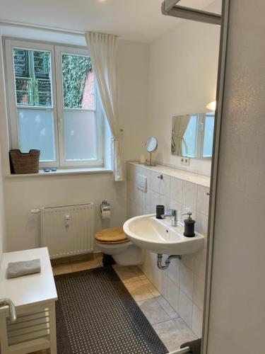 a bathroom with a sink and a toilet and a window at Unterkunft direkt an der Schelfkirche in Schwerin