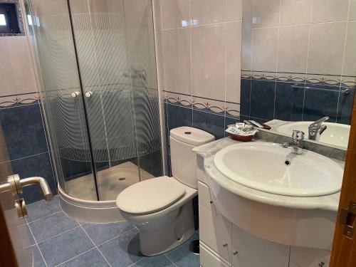 Un baño con ducha, inodoro y lavabo. en Camiño Portugues, en Padrón