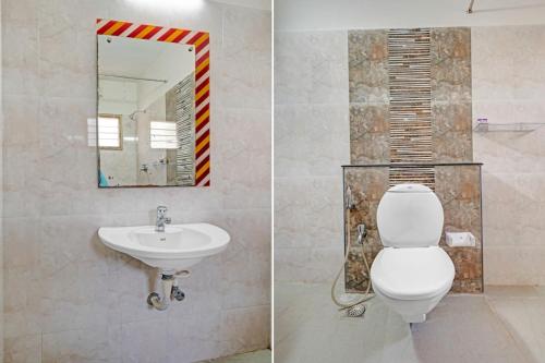two pictures of a bathroom with a toilet and a sink at Chennai Airport Guest House in Chennai