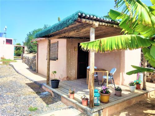 een klein huis met een houten terras met potplanten bij Finca Gaia La Segunda in Guía de Isora