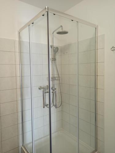 y baño con ducha y puerta de cristal. en Bicanic Apartments and Rooms en Crikvenica