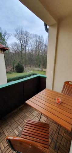 eine Veranda mit einem Holztisch und 2 Stühlen in der Unterkunft Maisonettewohnung in Elbnähe in Dresden