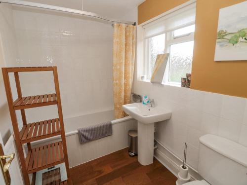 bagno con lavandino, servizi igienici e finestra di Bridge End Cottage a Morpeth