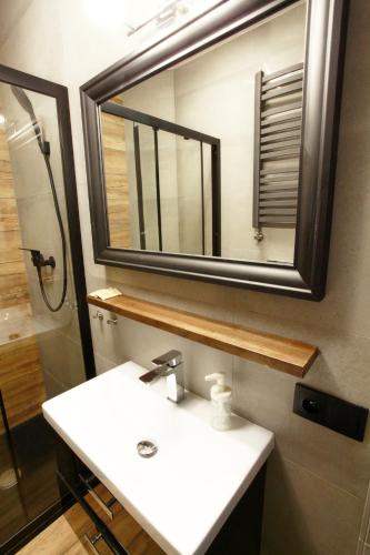 a bathroom with a sink and a mirror at Willa Park Międzyzdroje in Międzyzdroje