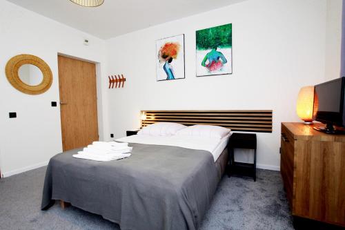 a bedroom with a large bed and a television at Willa Park Międzyzdroje in Międzyzdroje