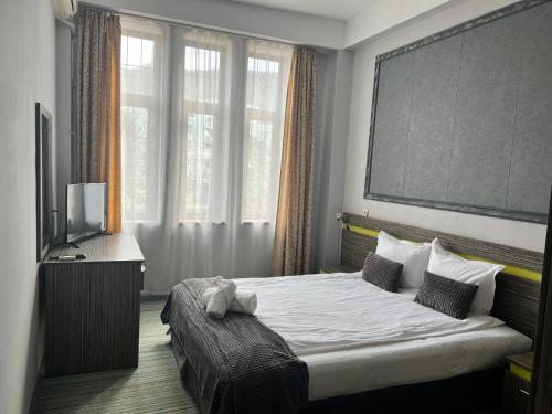 a bedroom with a large bed and a television at Family Hotel Central in Shumen