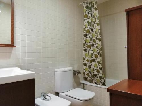 a bathroom with a toilet and a sink and a shower curtain at Apartaments Pleta Bona in Pla de l'Ermita
