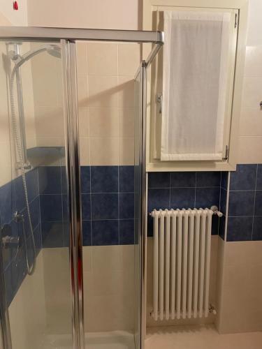 een douche met een glazen deur naast een radiator bij Sun Lake Iseo apartment in Sale Marasino