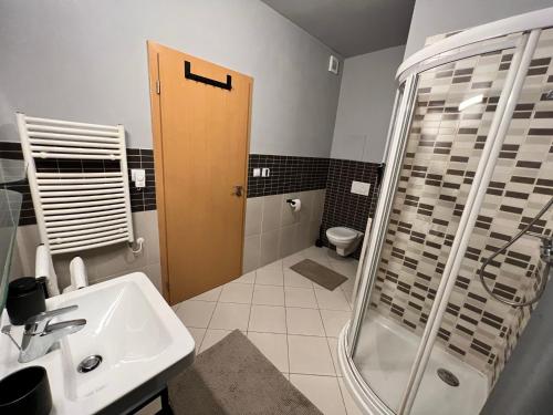 a bathroom with a sink and a shower and a toilet at Apartmán Pinus in Donovaly