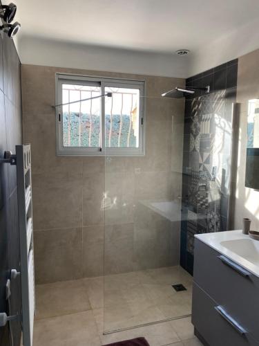 une salle de bain avec une douche en verre et un lavabo dans l'établissement Villa Domélia, à Villelaure