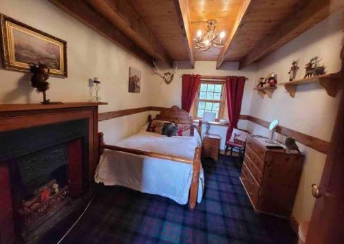 1 dormitorio con 1 cama y chimenea en Baidland Escapes 2 bedroom cottage With hot tub, en Dalry