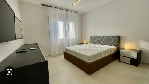 a bedroom with a bed and a desk and a television at Nature Apartment in Olbia