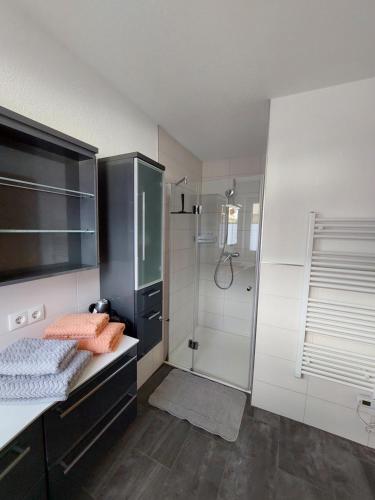 La salle de bains blanche est pourvue d'une douche et d'un lavabo. dans l'établissement Ferienwohnung Gstreinthaler, à Tulfes