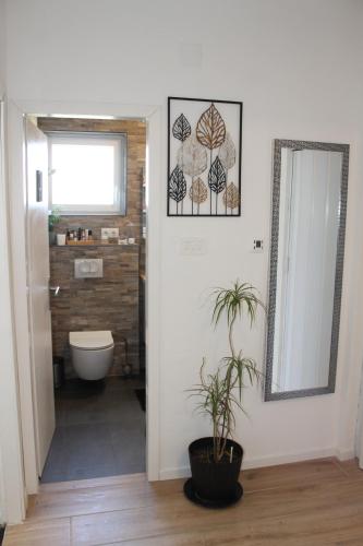 La salle de bains est pourvue de toilettes, d'un miroir et d'une plante. dans l'établissement Cozy Corners, à Nin