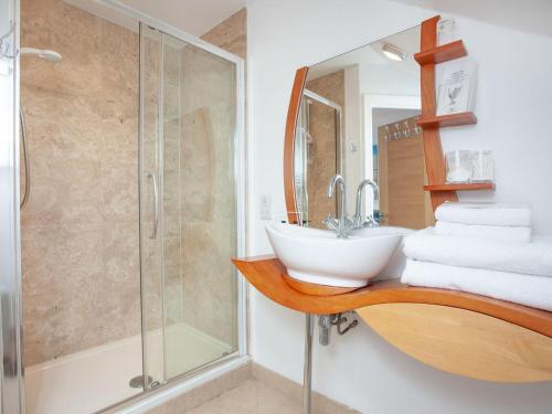 Cheriton Bishop的住宿－聖丹斯度假屋，一间带水槽和淋浴的浴室