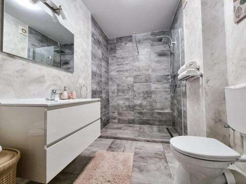 uma casa de banho com um WC, um lavatório e um chuveiro em RA Apartment - Ared em Oradea