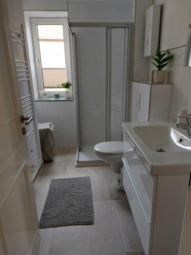 La salle de bains blanche est pourvue d'un lavabo et de toilettes. dans l'établissement Hyggelige und zentrale Eigentumswohnung, à Rostock