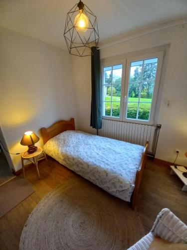 a bedroom with a bed and a window at Au bord du Vilpion in Marle-et-Behaine