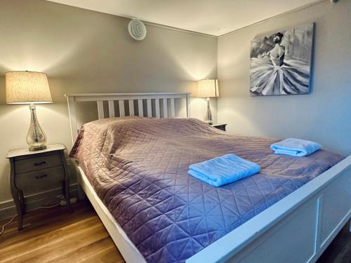 - une chambre avec un lit doté de 2 oreillers bleus dans l'établissement Castle Inn Apartments - Downtown Keflavík, à Keflavík