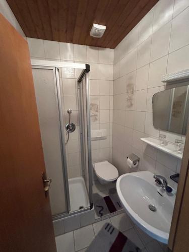 a bathroom with a shower and a sink and a toilet at Haus Gletscherblick in Gschnitz
