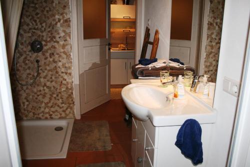 y baño con lavabo, aseo y ducha. en Ferienwohnung Bodensee Haus Franziskus, en Herdwangen-Schönach