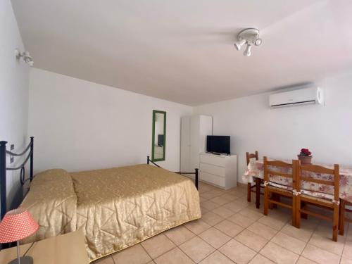 a bedroom with a bed and a table and a tv at DeA Studio in Anzio