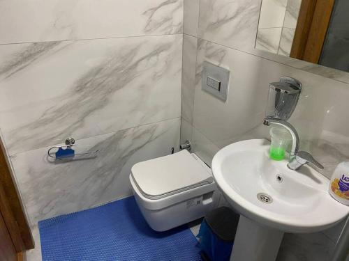 a bathroom with a white toilet and a sink at A Beachfront, Peninsula View Apartment in Karaköy in Istanbul