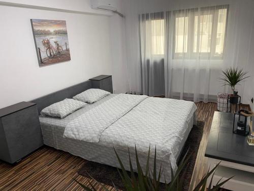 een slaapkamer met een bed, een tafel en een raam bij Apartament EXCLUSIVE Târgu Ocna in Tîrgu Ocna