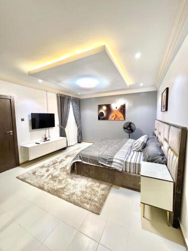 1 dormitorio con 1 cama grande y TV en Bee-City Homes en Abuja