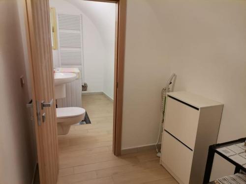 een badkamer met een toilet, een wastafel en een koelkast bij Verde di Valda in Valda