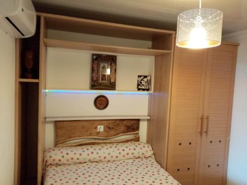ein Schlafzimmer mit einem Bett und einem Einbauschrank in der Unterkunft Ti case Les Girofles in Saint-Benoît