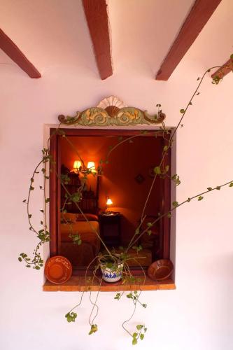 a mirror on the side of a wall with plants at Hotel Rural Posada Los Caballeros in Almagro