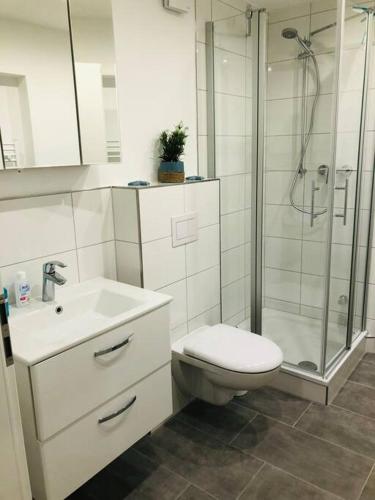 a bathroom with a toilet sink and a shower at Zentrale Studio Wohnung in Emden in Emden