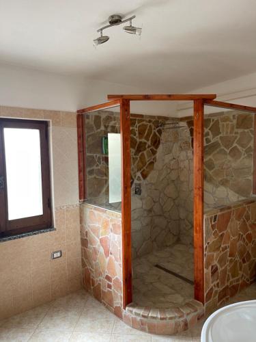 Relax tra mare e monti Flumini di Quartu في Santa Luria: حمام مع دش حجري مع مرآة