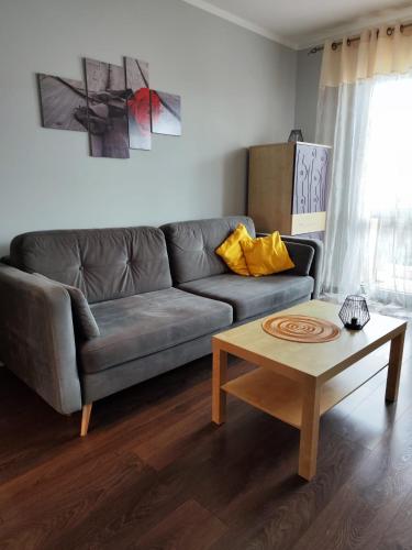 a living room with a couch and a coffee table at Apartament Arena in Zgorzelec