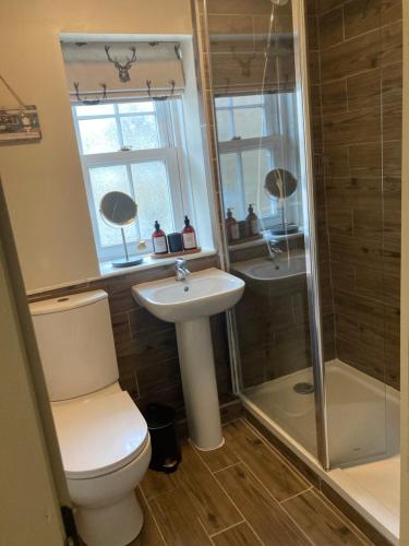 une salle de bain avec toilettes, douche et lavabo dans l'établissement Willow Cottage, à Middleton in Teesdale