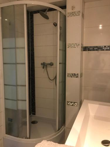 a shower with a glass door in a bathroom at Chambre de luxe 95 Grise in Deuil-la-Barre