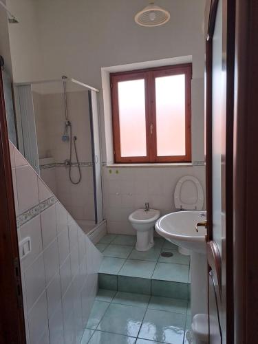 y baño con lavabo, aseo y ducha. en La Casa Di Checco, en Santa Maria di Castellabate