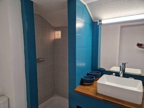 uma casa de banho azul com um lavatório e uma banheira em Joli Duplex 6 pers. avec piscine em Le Diamant