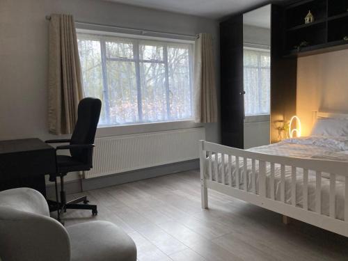 a bedroom with a bed and a desk and a chair at Guildford Home - Free Parkings, River, Waterfall View & Woodland Garden, Guildford, Surrey, UK in Bramley