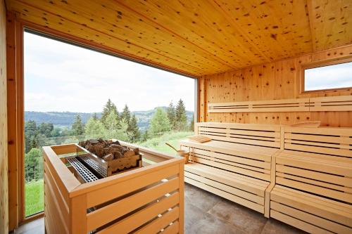 a sauna with wood paneling and a large window at Natur- & Genießerhotel Der Birkenhof in Oberstaufen