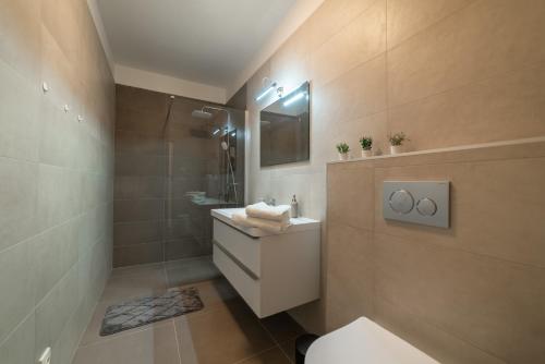 ein Badezimmer mit einem WC, einem Waschbecken und einem Spiegel in der Unterkunft New apartments near Dancing house in Prag